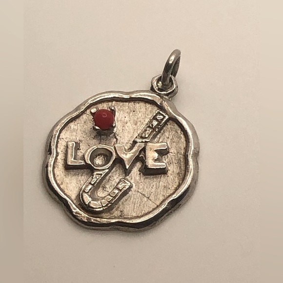 STERLING Silver & Coral Candy Cane Love You Charm / Pendant - Vintage - Picture 1 of 3